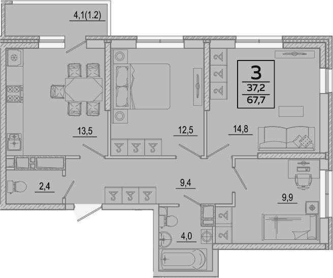 3-комн., 66.5 м², 18/24 этаж, ЖК «Улыбка» — фото 2