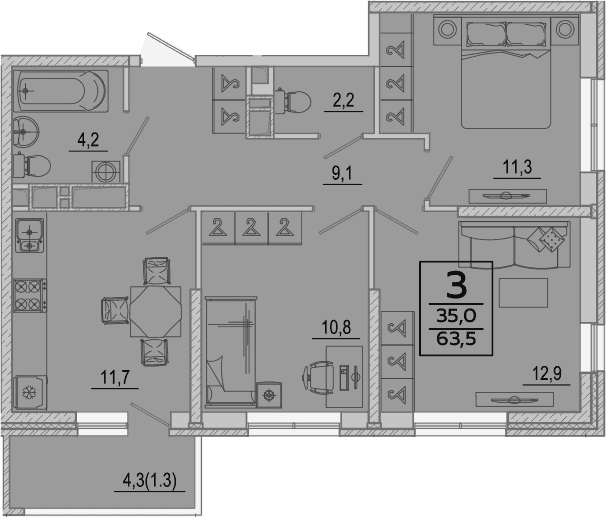 3-комн., 62.2 м², 15/24 этаж, ЖК «Улыбка» — фото 2