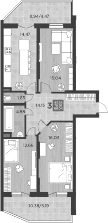 3-комн. квартира, 78.38 м² в ЖК Россинский Парк — фото 2