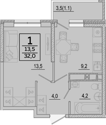 1-комн. квартира, 30.9 м² в ЖК Улыбка — фото 2