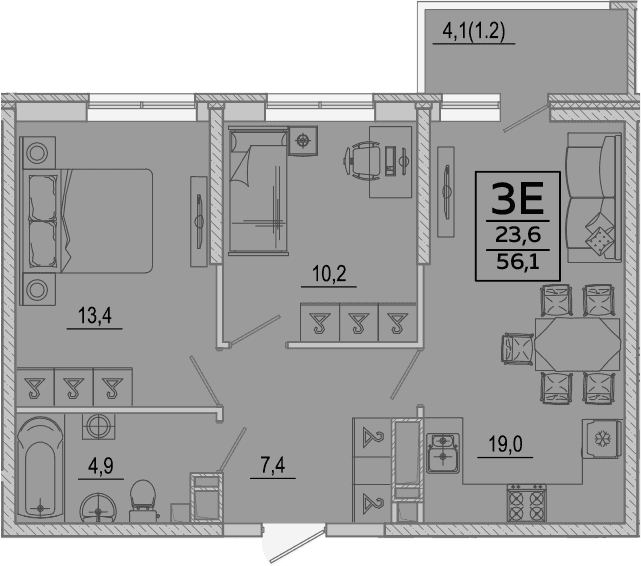3-комн., 54.9 м², 22/24 этаж, ЖК «Улыбка» — фото 2
