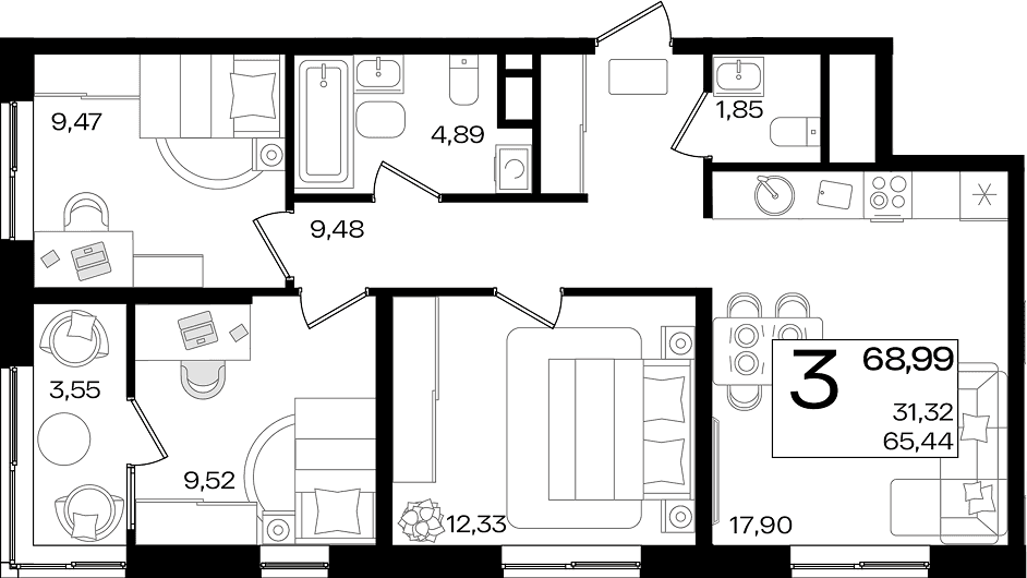 4+ комнаты, 65.44 м², 2/16 этаж, ЖК «Патрики» — фото 2