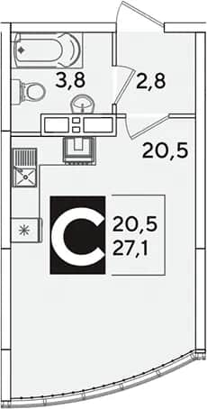 Студия, 27.1 м² в ЖК «Самолет» — фото 1