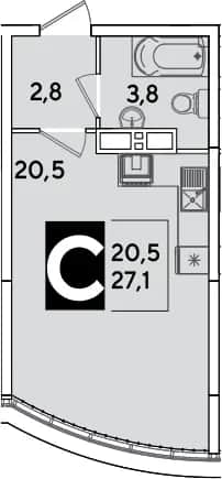 Студия, 27.1 м² в ЖК «Самолет» — фото 1