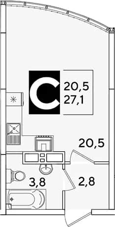 Студия, 27.1 м² в ЖК «Самолет» — фото 1