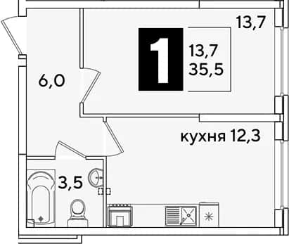 1-комн., 35.5 м² в ЖК «Самолет» — фото 1