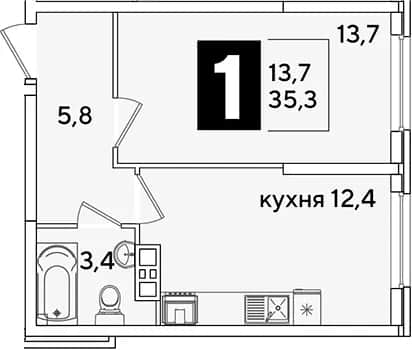 1-комн., 35.3 м² в ЖК «Самолет» — фото 1