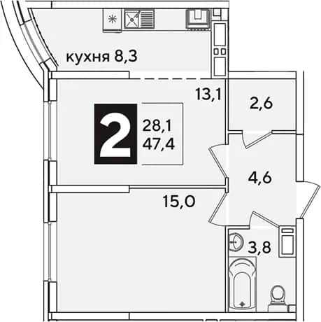 2-комн., 47.4 м² в ЖК «Самолет» — фото 1