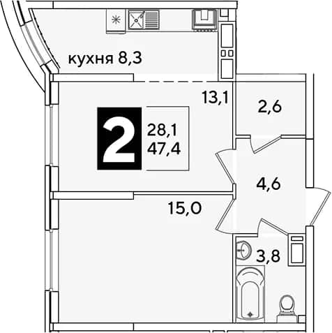 2-комн., 47.4 м² в ЖК «Самолет» — фото 1