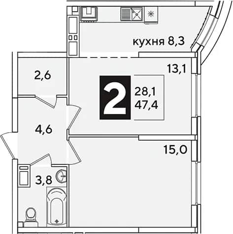 2-комн., 47.4 м² в ЖК «Самолет» — фото 1