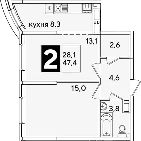 2-комн., 47.4 м² в ЖК «Самолет» — фото 1