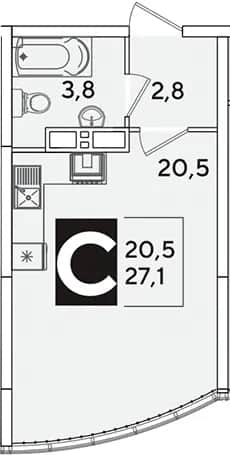 Студия, 27.1 м² в ЖК «Самолет» — фото 1