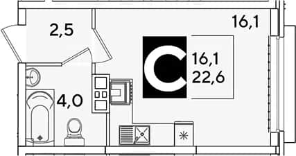 Студия, 22.6 м² в ЖК «Самолет» — фото 1