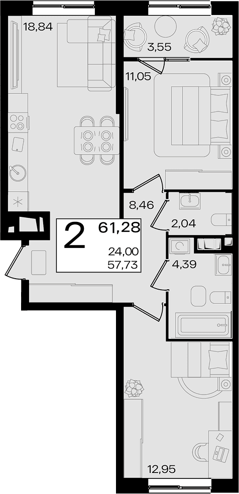 Продается 2-комн. квартира, 57.73 м² — фото 2
