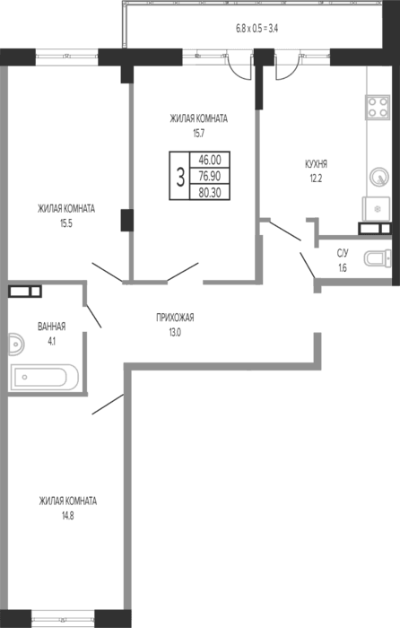 Продается 3-комн. квартира, 78.6 м²
