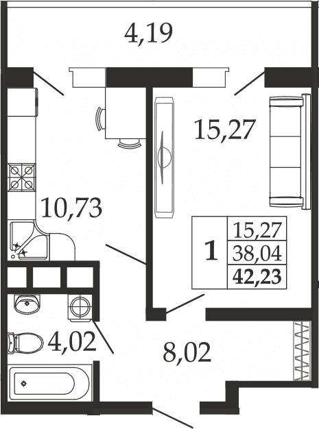 Продается 1-комн. квартира, 38.04 м²