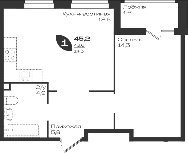 Продается 1-комн. квартира, 43.6 м²