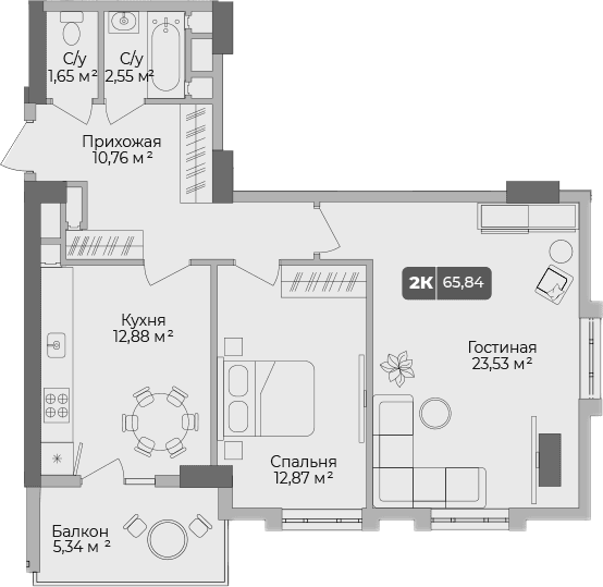 Продается 2-комн. квартира, 64.24 м²