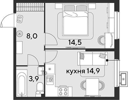 Продается 1-комн. квартира, 41.3 м²