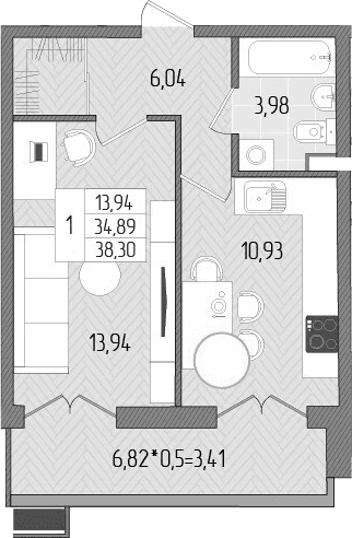 Продается 1-комн. квартира, 34.89 м²