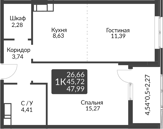 Продается 2-комн. квартира, 45.72 м²