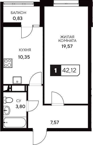 Продается 1-комн. квартира, 41.29 м²