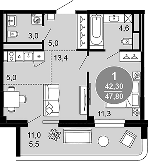 Продается 2-комн. квартира, 42.3 м²