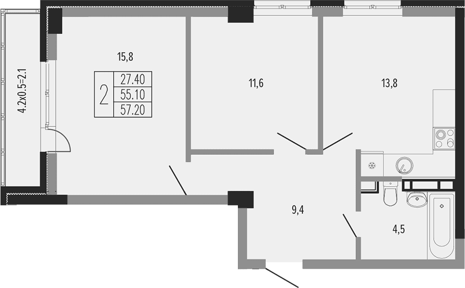 Продается 2-комн. квартира, 56.7 м²