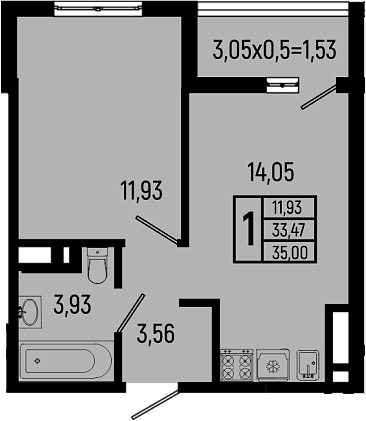 Продается 1-комн. квартира, 33.47 м²