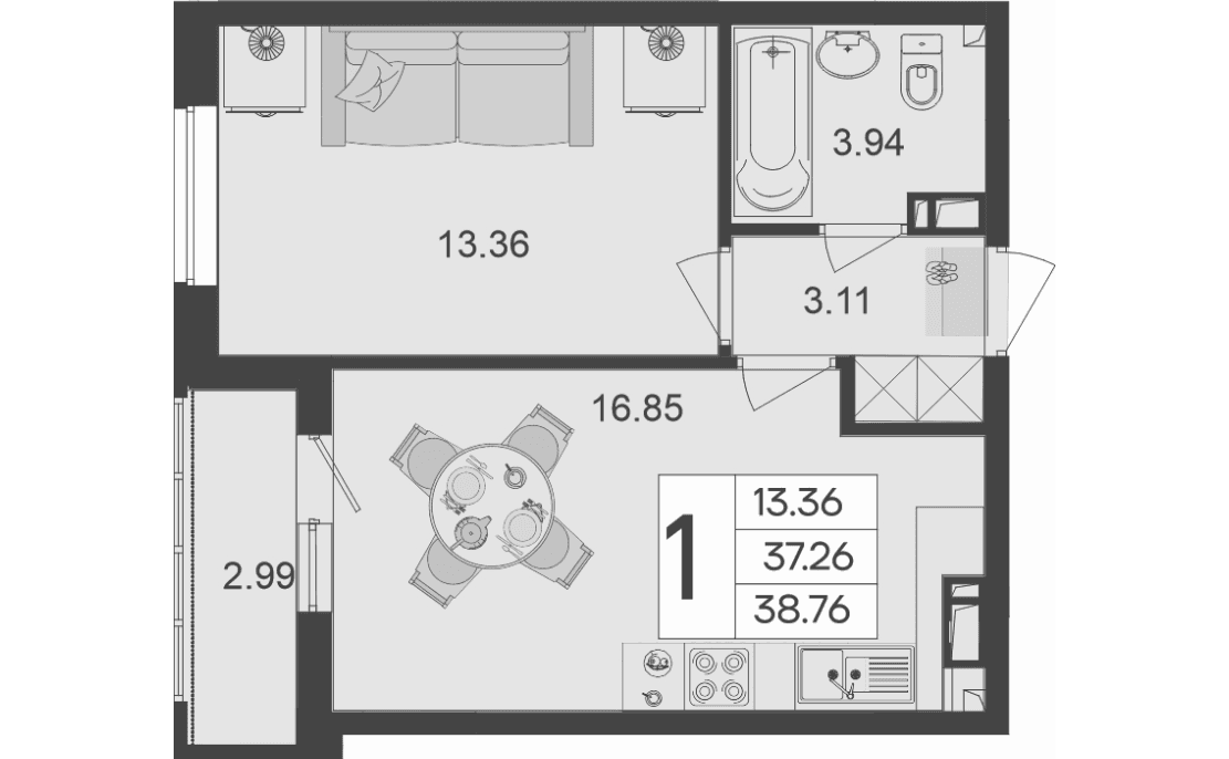 Продается 1-комн. квартира, 37.26 м²