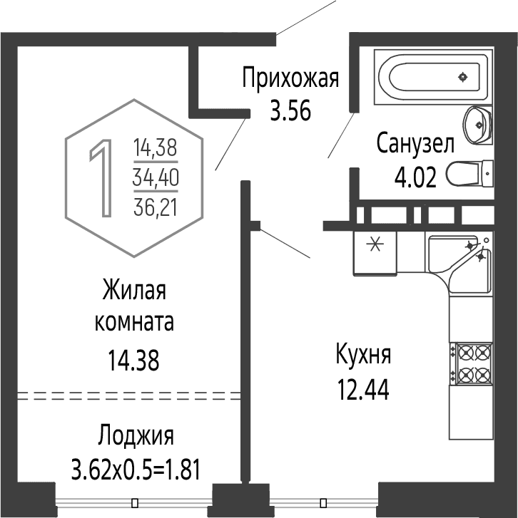 Продается 1-комн. квартира, 34.4 м²