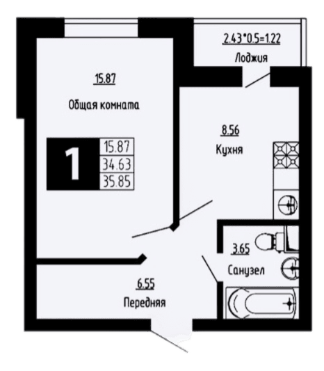 Продается 1-комн. квартира, 34.63 м²