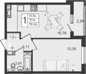Продается 1-комн. квартира, 37.16 м²