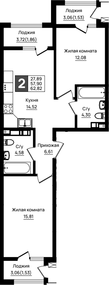 Продается 2-комн. квартира, 57.9 м²