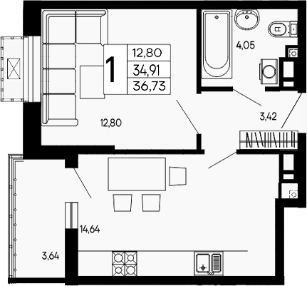 Продается 1-комн. квартира, 34.91 м²