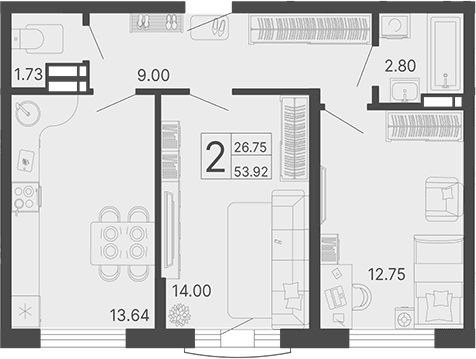 Продается 2-комн. квартира, 53.92 м²