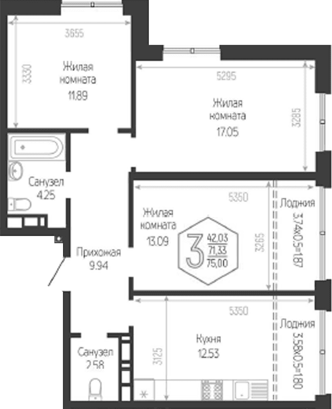 Продается 3-комн. квартира, 71.33 м²