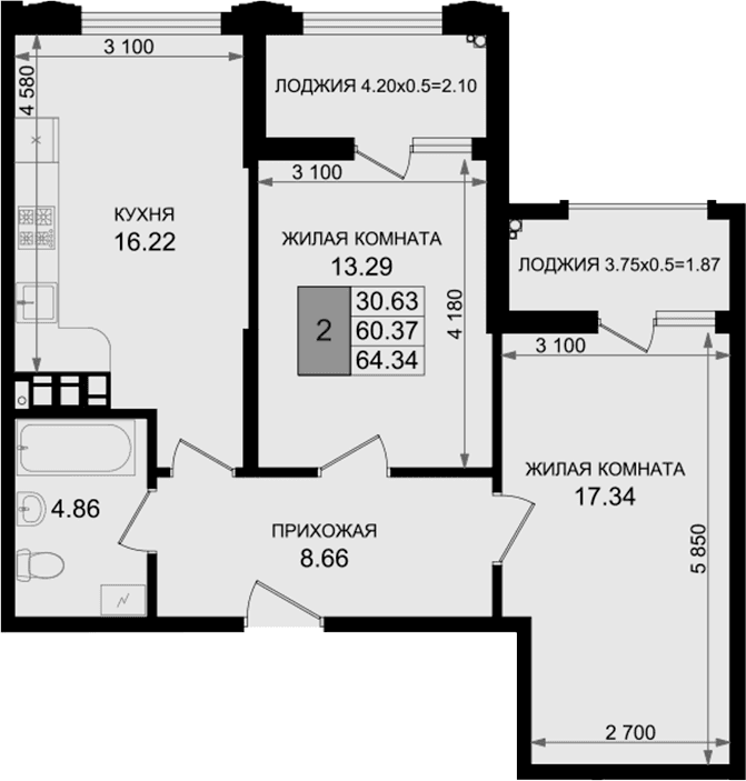 Продается 2-комн. квартира, 60.37 м²