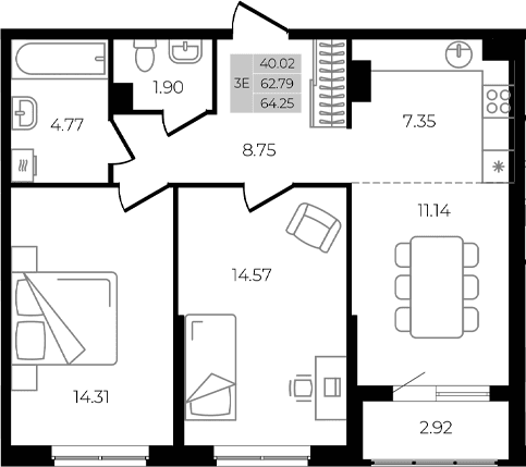 Продается 3-комн. квартира, 62.79 м²
