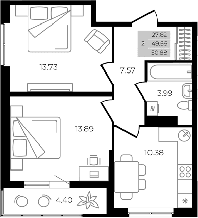 Продается 2-комн. квартира, 49.56 м²