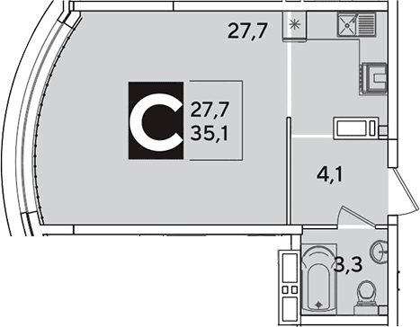 Продается 1-комн. квартира, 35.1 м²