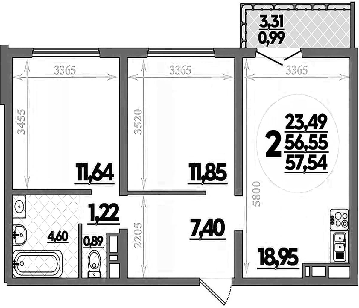 Продается 2-комн. квартира, 56.55 м²