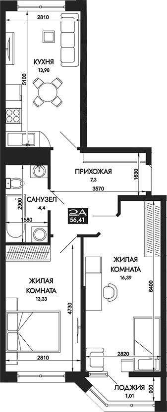 Продается 2-комн. квартира, 55.4 м²