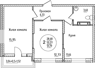 Продается 2-комн. квартира, 50.27 м²