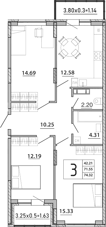 Продается 3-комн. квартира, 71.55 м²