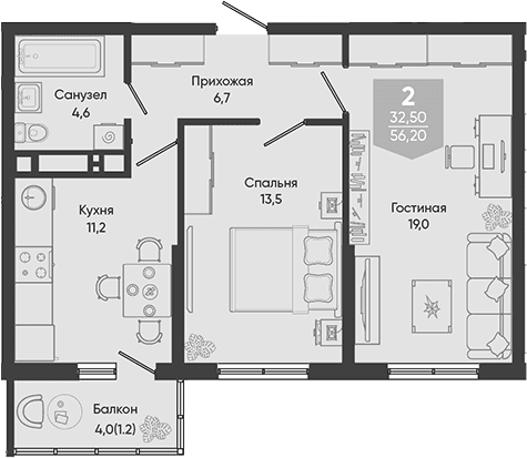 Продается 2-комн. квартира, 55 м²