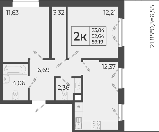 Продается 2-комн. квартира, 52.64 м²
