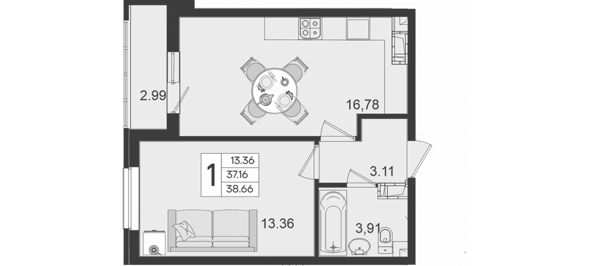 Продается 1-комн. квартира, 37.16 м²