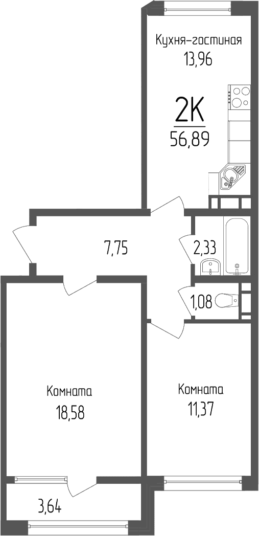 Продается 2-комн. квартира, 55.07 м²