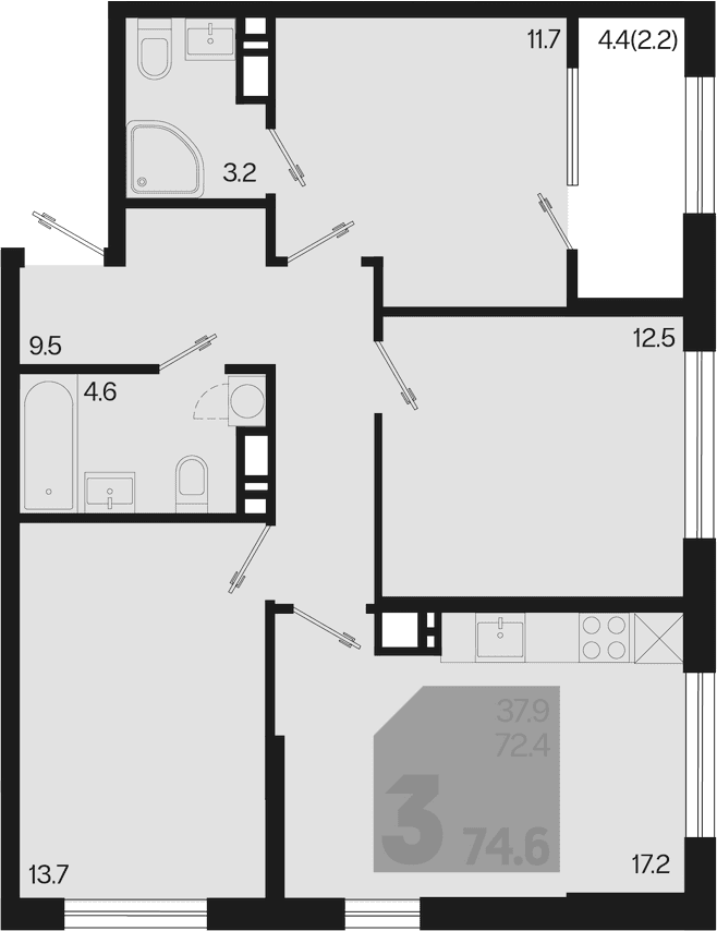 Продается 4-комн. квартира, 72.4 м²
